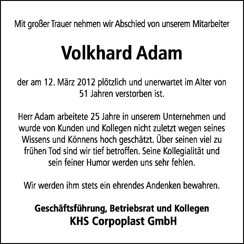 Traueranzeige für Volkhard Adam vom 19.03.2012 aus KREISZEITUNG SYKE