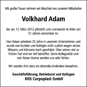 Traueranzeige von Volkhard Adam von KREISZEITUNG SYKE