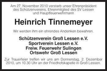 Traueranzeige von Heinrich Tinnemeyer von KREISZEITUNG SYKE