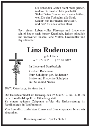 Traueranzeige von Lina Rodewald von KREISZEITUNG SYKE