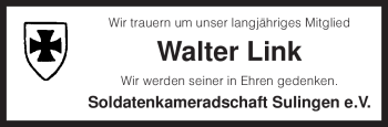 Traueranzeige von Walter Link von KREISZEITUNG SYKE