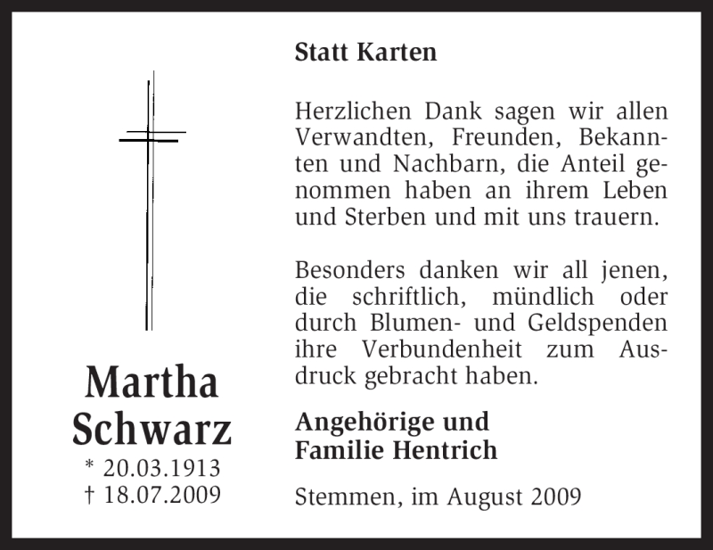 Traueranzeigen Von Martha Schwarz | Trauer.kreiszeitung.de