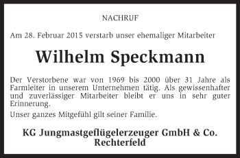 Traueranzeige von Wilhelm Speckmann von Kreiszeitung