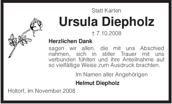 Traueranzeige von Ursula Diepholz von KREISZEITUNG SYKE