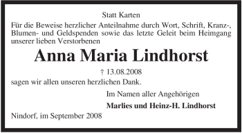 Traueranzeige von Anna Maria Lindhorst von KREISZEITUNG SYKE