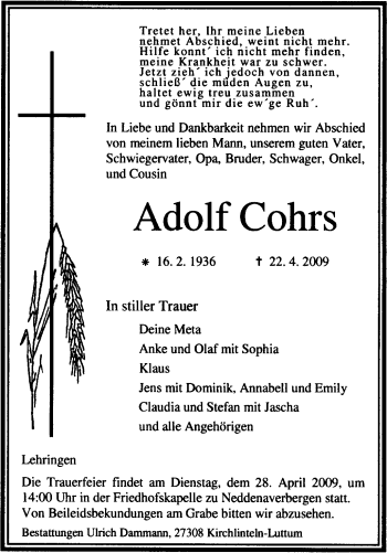 Traueranzeige von Adolf Corhs von KREISZEITUNG SYKE