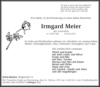 Traueranzeige von Irmgard Meier von KRZ