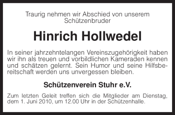 Traueranzeige von Hinrich Hollwedel von KREISZEITUNG SYKE