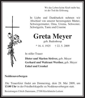 Traueranzeige von Greta Meyer von KREISZEITUNG SYKE