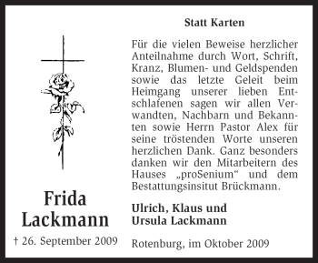 Traueranzeige von Frida Lackmann von KREISZEITUNG SYKE