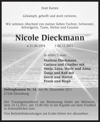 Traueranzeige von Nicole Dieckmann von KREISZEITUNG SYKE