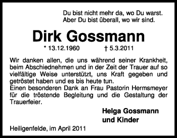 Traueranzeige von Dirk Gossmann von KREISZEITUNG SYKE