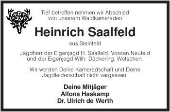 Traueranzeige von Heinrich Saalfeld von KREISZEITUNG SYKE