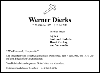 Traueranzeige von Werner Dierks von KREISZEITUNG SYKE