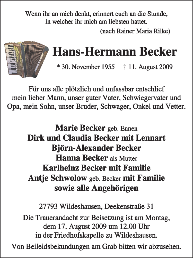  Traueranzeige für Hans-Hermann Becker vom 14.08.2009 aus KREISZEITUNG SYKE