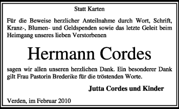 Traueranzeige von Hermann Cordes von KREISZEITUNG SYKE