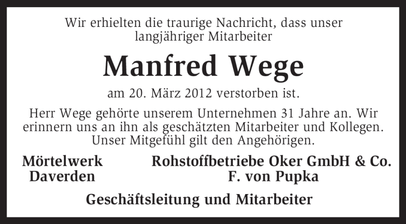  Traueranzeige für Manfred Wege vom 28.03.2012 aus KREISZEITUNG SYKE