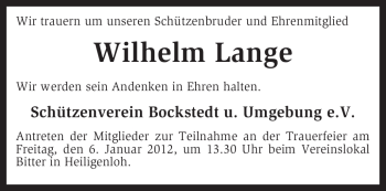 Traueranzeige von Wilhelm Lange von KREISZEITUNG SYKE