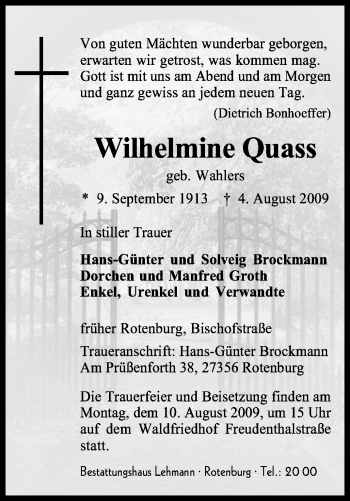 Traueranzeige von Wilhelmine Quass von KREISZEITUNG SYKE