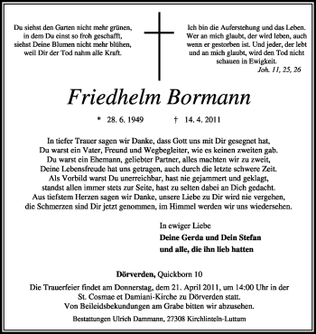 Traueranzeige von Friedhelm Bormann von KREISZEITUNG SYKE