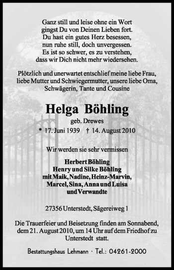 Traueranzeige von Helga Böhling von KREISZEITUNG SYKE