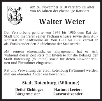 Traueranzeige von Walter Weier von KREISZEITUNG SYKE