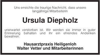 Traueranzeige von Ursula Diepholz von KREISZEITUNG SYKE