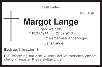 Traueranzeige von Margot Lange von KREISZEITUNG SYKE