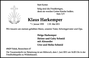 Traueranzeige von Klaus Harkemper von KREISZEITUNG SYKE