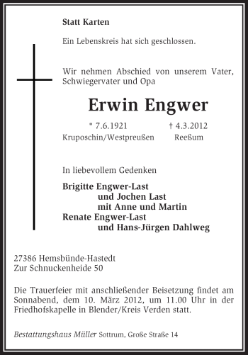 Traueranzeige von Erwin Engwer von KREISZEITUNG SYKE