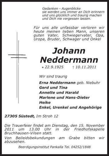 Traueranzeige von Johann Neddermann von KREISZEITUNG SYKE