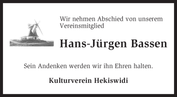 Traueranzeige von Hans-Jürgen Bassen von KREISZEITUNG SYKE