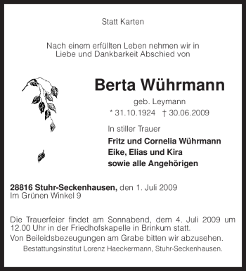 Traueranzeige von Berta Wührmann von KREISZEITUNG SYKE