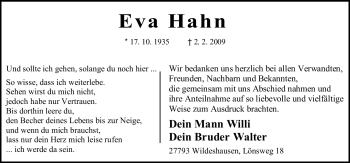 Traueranzeige von Eva Hahn von KREISZEITUNG SYKE