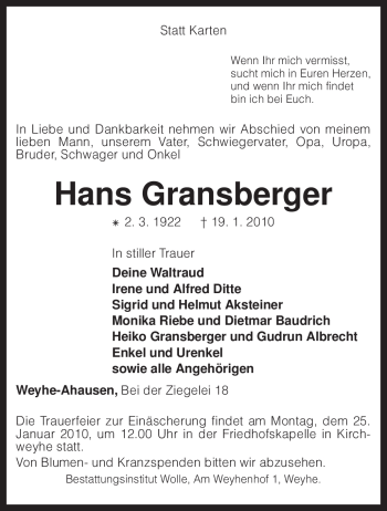 Traueranzeige von Hans Gransberger von KREISZEITUNG SYKE