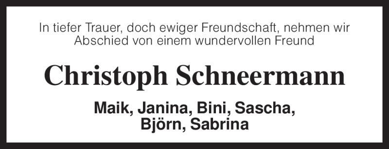  Traueranzeige für Christoph Schneermann vom 06.08.2009 aus KREISZEITUNG SYKE