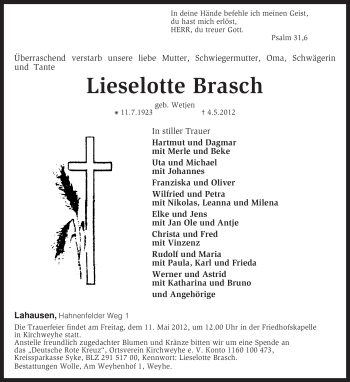 Traueranzeige von Lieselotte Brasch von KREISZEITUNG SYKE