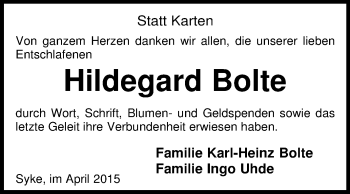 Traueranzeige von Hildegard Bolte von KRZ