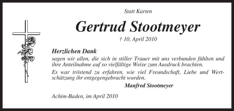  Traueranzeige für Gertrud Stootmeyer vom 30.04.2010 aus KREISZEITUNG SYKE