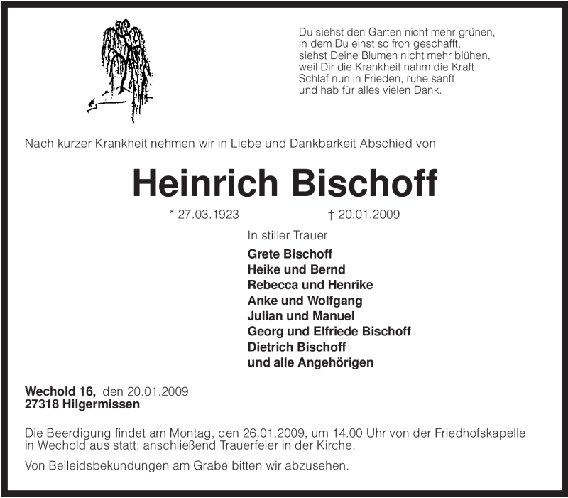  Traueranzeige für Heinrich Bischoff vom 22.01.2009 aus KREISZEITUNG SYKE