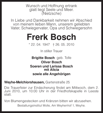 Traueranzeige von Frerk Bosch von KREISZEITUNG SYKE