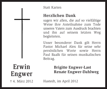 Traueranzeige von Erwin Engwer von KREISZEITUNG SYKE