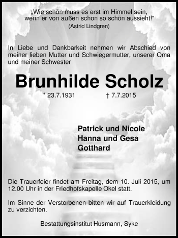 Traueranzeige von Brunhilde Scholz von KRZ