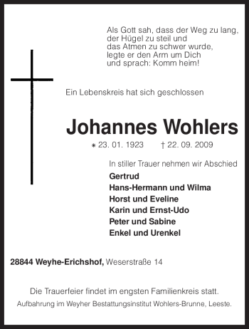 Traueranzeige von Johannes Wohlers von KREISZEITUNG SYKE