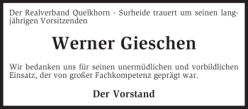 Traueranzeige von Werner Gieschen von KREISZEITUNG SYKE