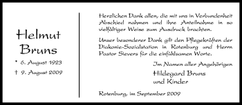 Traueranzeige von Helmut Bruns von KREISZEITUNG SYKE