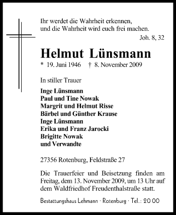 Traueranzeige von Helmut Lünsmann von KREISZEITUNG SYKE