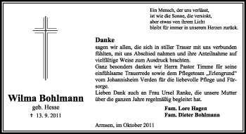 Traueranzeige von Wilma Bohlmann von KREISZEITUNG SYKE