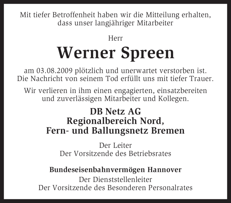  Traueranzeige für Werner Spreen vom 07.08.2009 aus KREISZEITUNG SYKE