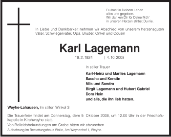 Traueranzeige von Karl Lagemann von KREISZEITUNG SYKE